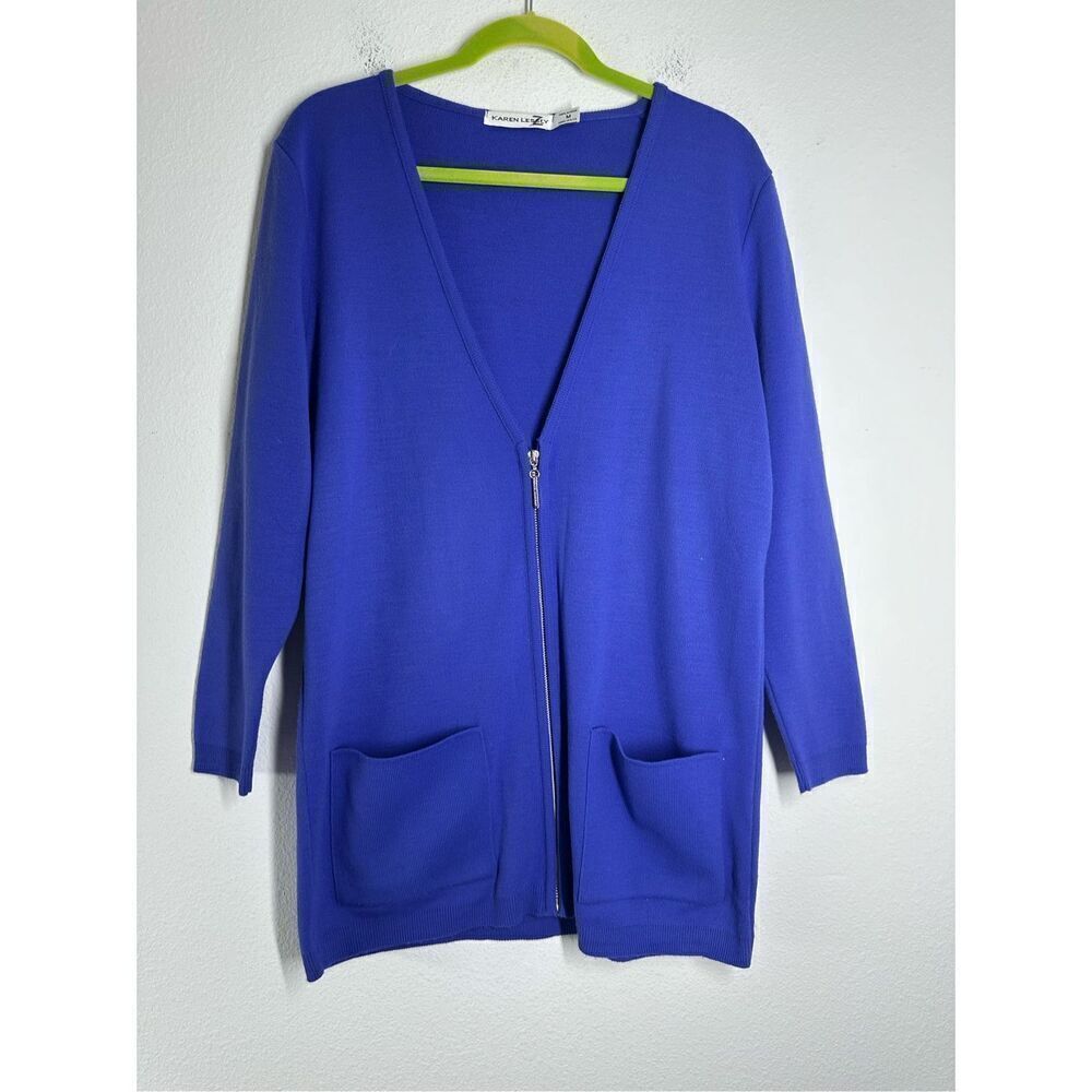 Karen Lessly Cardigan Sweater Womens Size M Zip Front Pockets Vneck Made in USA